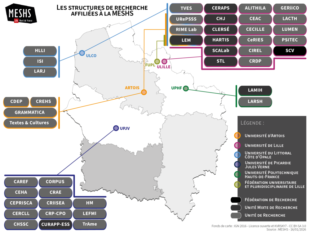 Carte des structures de recherche affiliées à la MESHS