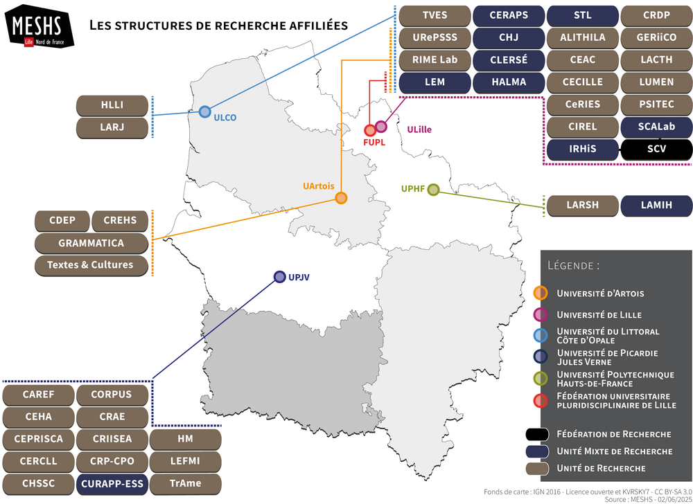 Carte des structures de recherche affiliées à la MESHS